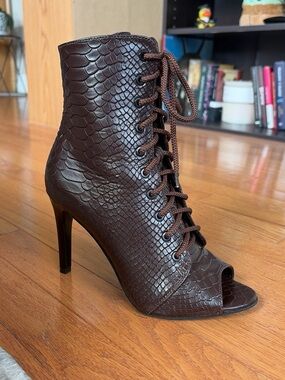 Brown Lace-Up Peep-Toe Stiletto Bootie
